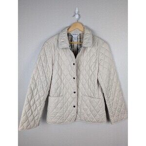 John Weitz Jacket Womens M Beige Quilted Barn Coat Plaid Lining Snaps Old Money